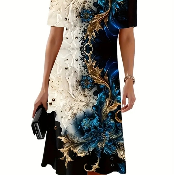 Vibrant Floral Print Midi Dress, Short Sleeve - Picture 3 of 4